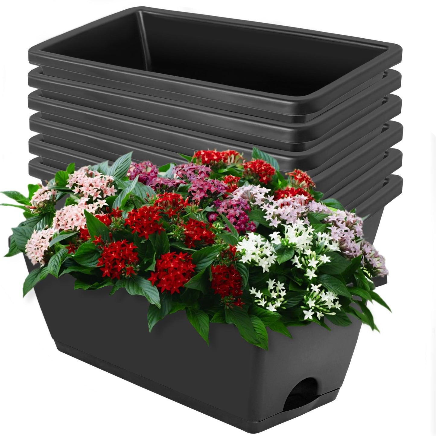LOCONHA Window Box Planter, Plastic Vegetable Flower Planters Boxes 17 Inches Rectangular Flower Pots with Saucers for Indoor Outdoor Garden, Patio, Home Decor (7, Dark Grey)