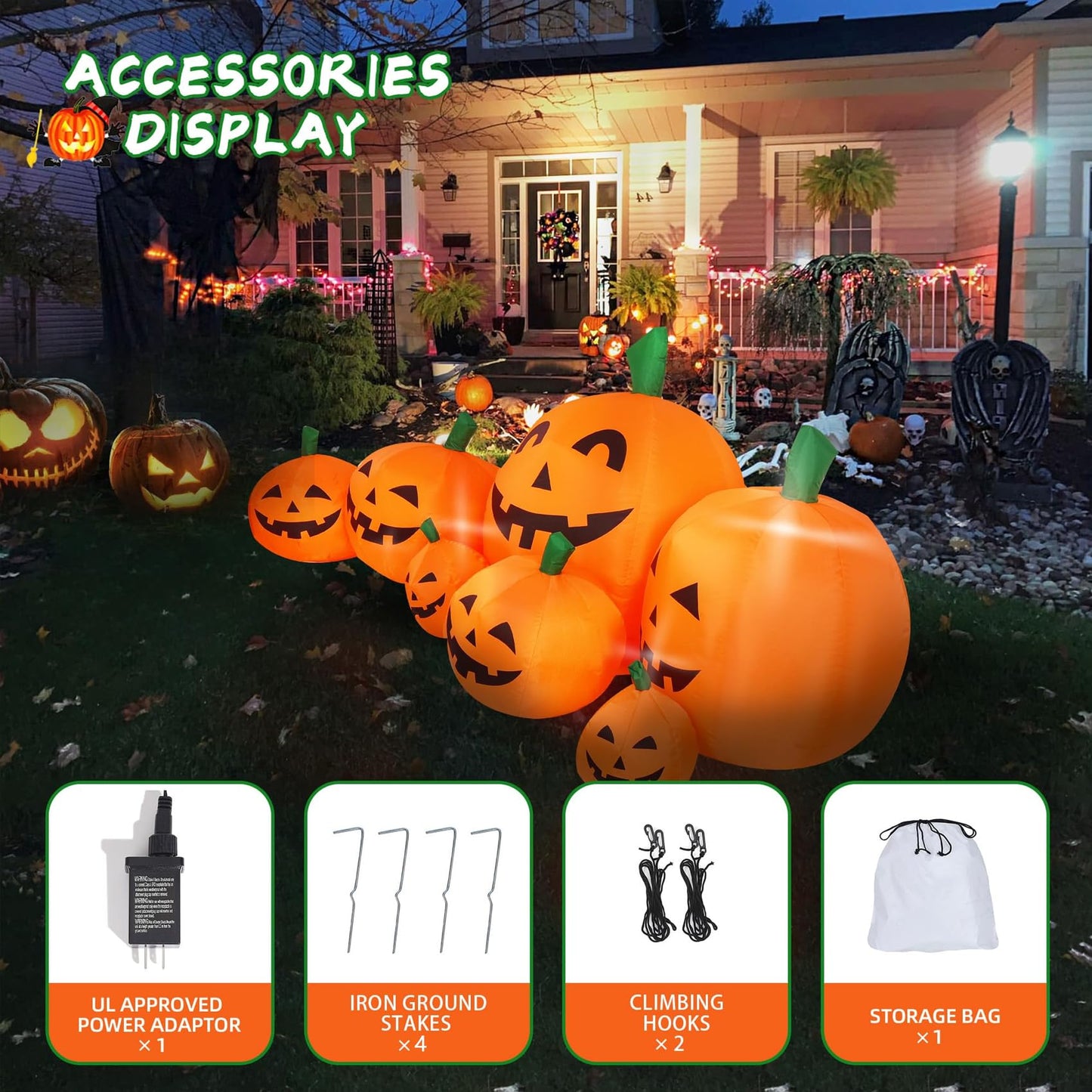 DearSun 8.0FT Long Halloween Inflatable Pumpkin Patch Fall Inflatable Thanksgiving Inflatable Pumpkin Patch Blow up Pumpkin Decor Outer Large Party Yard Decoration