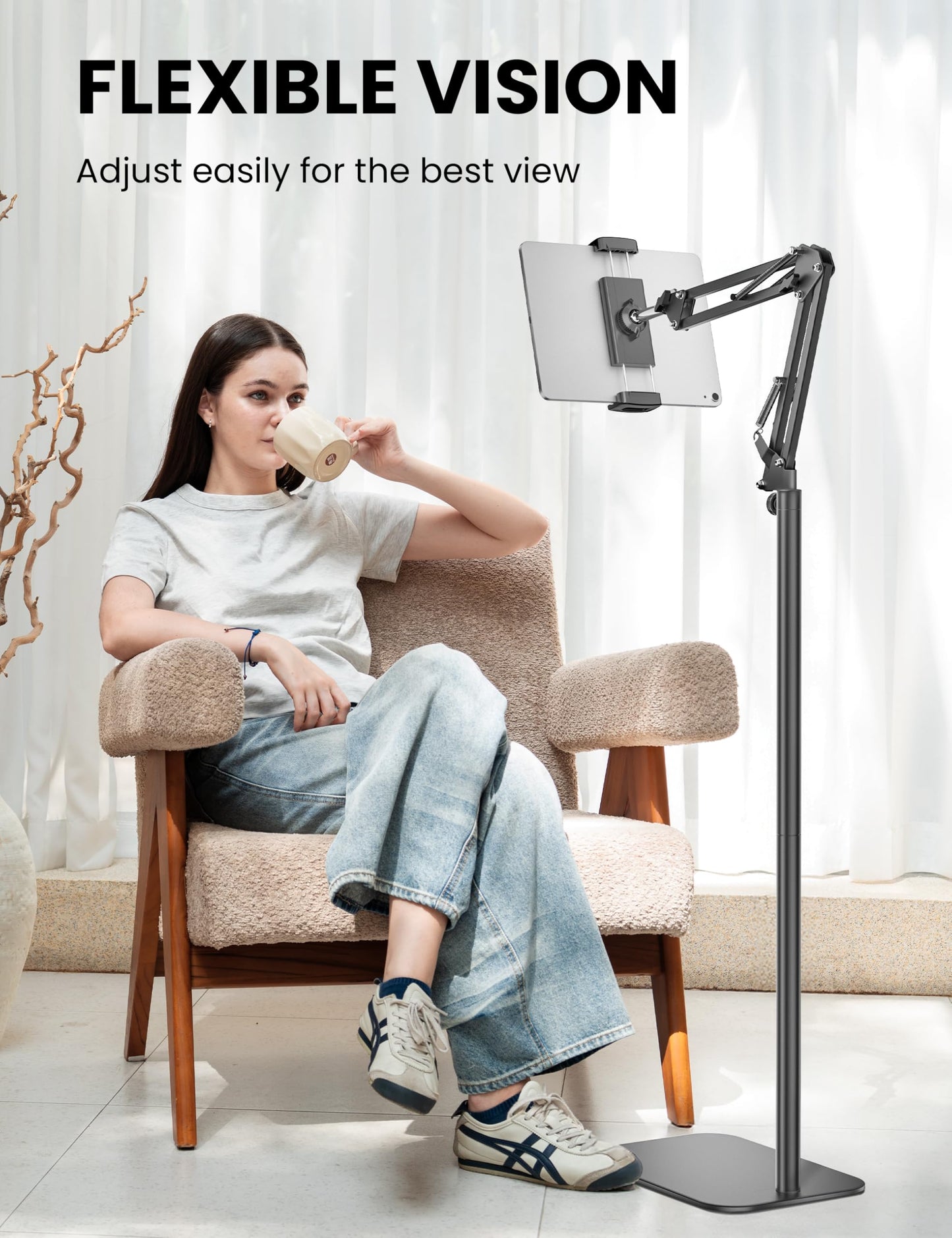Tablet Floor Stand, 360-Degree Rotatable Metal Tablet Holder Stand, Adjustable Height and Angle iPad Stand,Universal Tablet Holder for iPad/Phone/Kindle/Tabs/E-Readers and all 4.7~12.9” Screen Devices