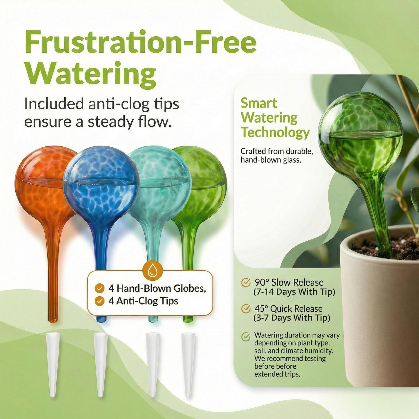 Little Green Leaf Automatic Plant Watering Globes Self Watering Planter Inserts (Set of 4) | Hands Free Multicolor Glass Bulbs | Planter Spikes to Support Indoor & Outdoor Plant Health (350ml)