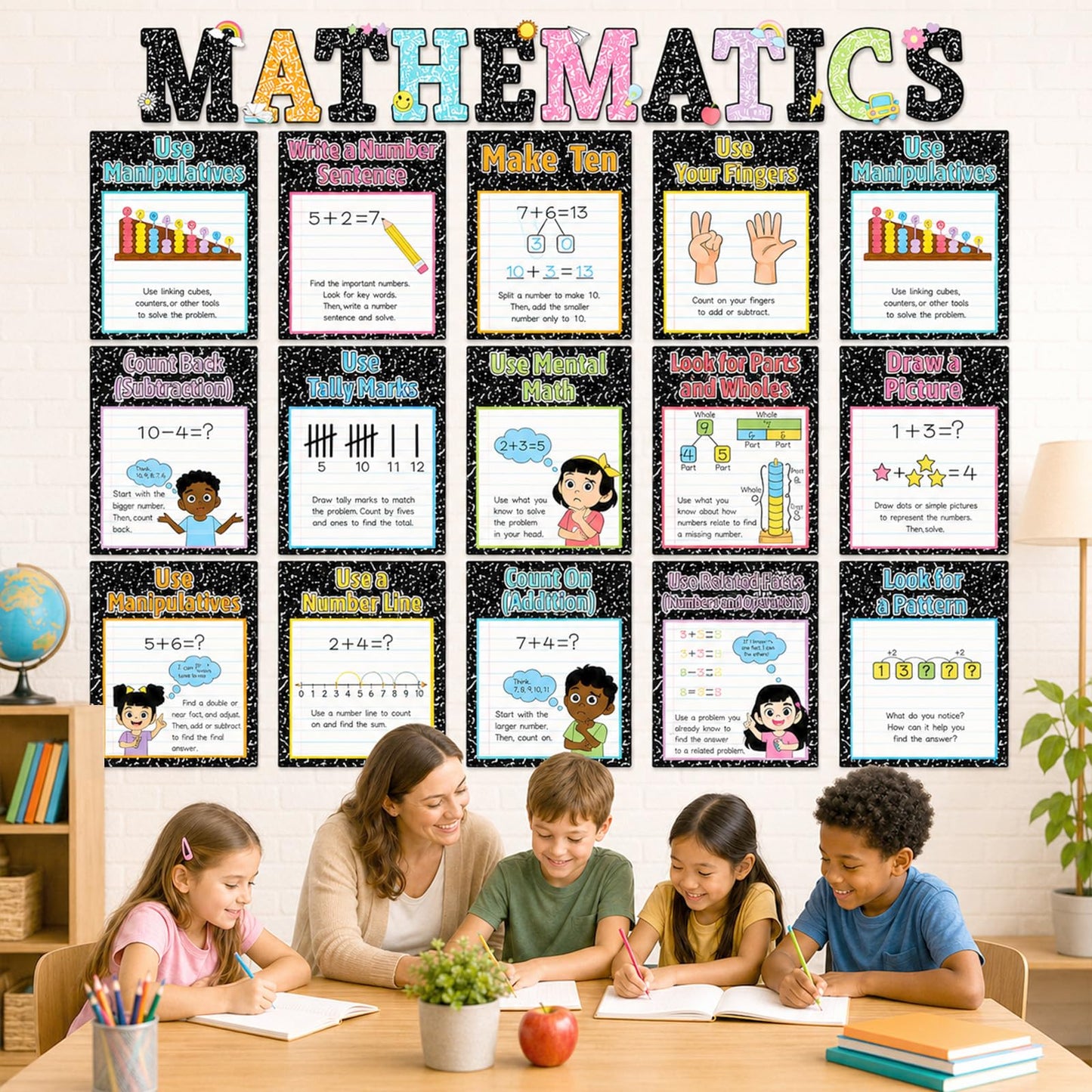 25Pcs Mathematics Strategy Posters Composition Notebook Classroom Decor Educational Math Posters Math Manipulatives Wall Art for Back to School Classroom Bulletin Board Decorations Teacher Supplies