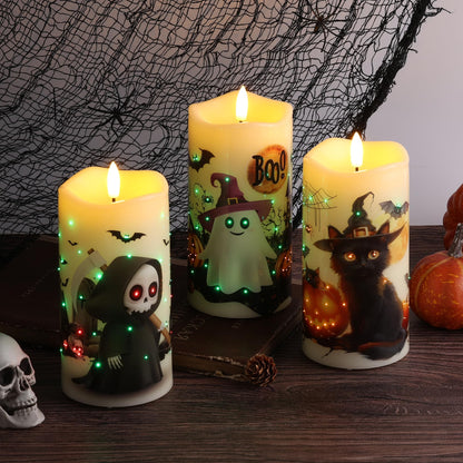 Eywamage Fiber Optic Halloween Flameless Candles with Remote, Flickering Battery Operated LED Pillar Candles Set of 3
