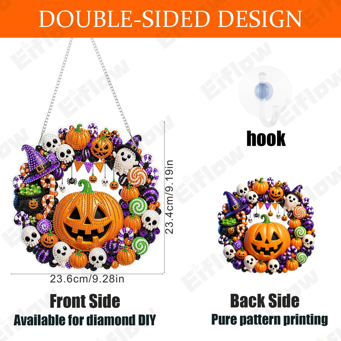 Eiflow Halloween Diamond Art Hanging Kit for Adults, DIY Acrylic Diamonds Craft Painting Hanging Ornament Board Kit, Special Crystal Diamond Art Painting Window Door Hanging Pendant (Pumpkin Wreath)