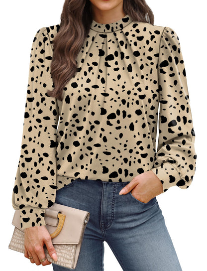 WIHOLL Long Sleeve Shirts for Women Mock Neck Tops Pleated Front Blouses Dressy Casual Fall Clothes 2025 Fashion