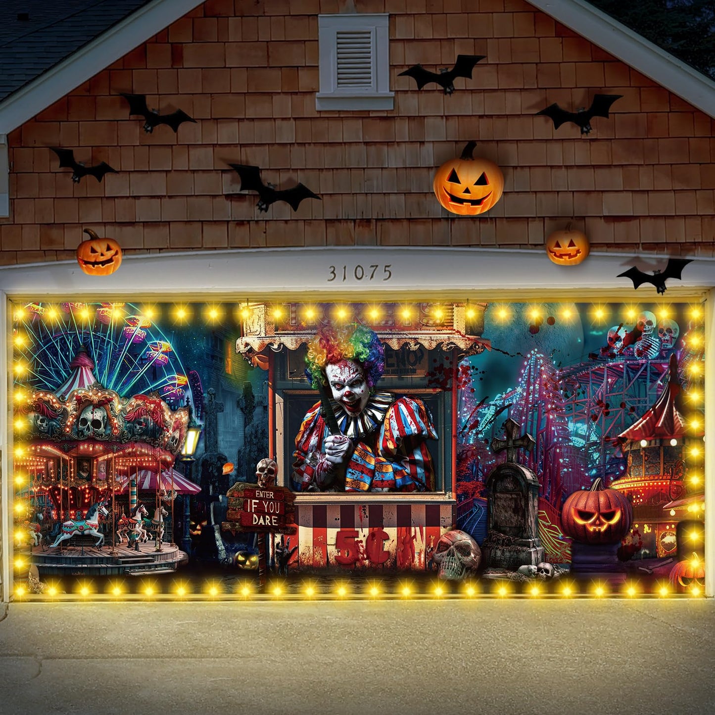Ganeen 7x16 ft Halloween Garage Door Banner Large Rustic Garage Banner Cover Halloween Backdrop with LED String Light Holiday Vinyl Cover Door Decoration(Evil Circus)