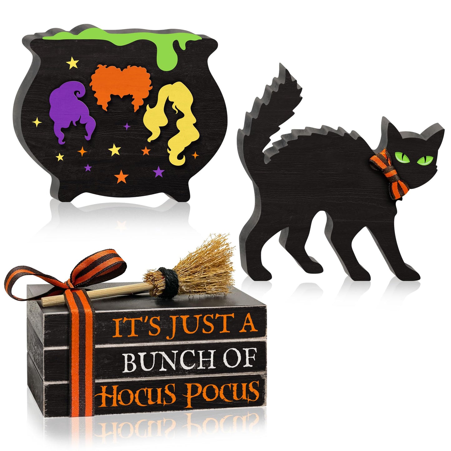 5PCS Halloween Wooden Signs Hocus Pocus, Decorative Wooden Faux Books Stack Black Cat Wood Table Signs, Cauldron Witches Sisters Halloween Tiered Tray Decor for Halloween Party Home Decorations