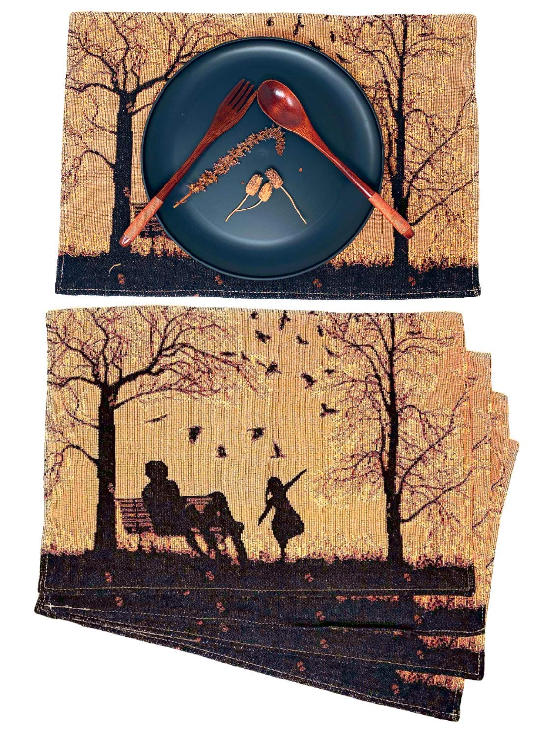 DaDalogy Farmhouse Rustic Dining Placemats - Set of 4 Tapestry Woven Cotton Halloween Kitchen Table Mats Fall Silhouette Decor - Family Cozy Cabin Orange Tan Black Decorative - 13” x 19”