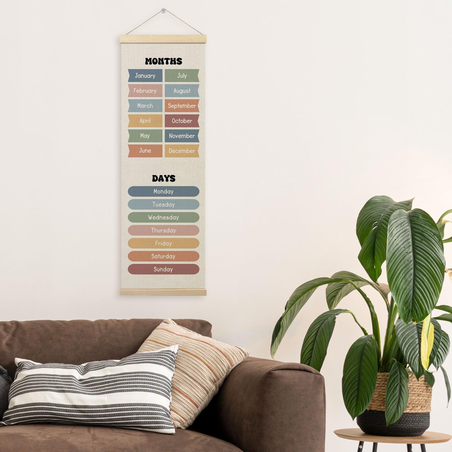 TLESKE Months of the Year Days of the Week Classroom Wall Art Poster, Educational Wall Decor Hanging Poster with Hanger Frame for Classroom, Toddlers Kids Wall Prints Picture Framed Banner, 12x35
