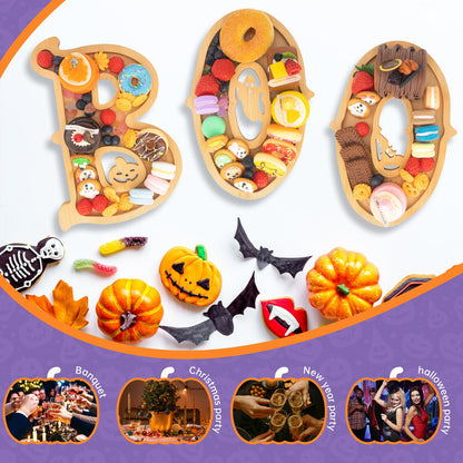 Nsoyos 3PCS Wooden Halloween Charcuterie Board Set - Boo Letters (with 14 Balloons) - Halloween Party Table Decoration & Food Tray Platter