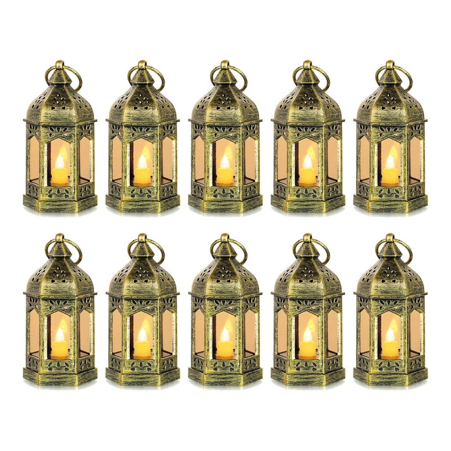 Romadedi Mini Lanterns Decorative for Centerpiece: 10pcs Hanging Small Gold Lantern Bulk with Flickering LED Candles for Wedding Decor Party Table Decorations Christmas Halloween, Batteries Included
