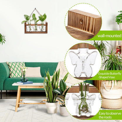 Glass Plant Propagation Station Butterfly Planter Vase with Wooden Stand Birthday Gifts for Women Mom Plant Lovers Office Home Decoration