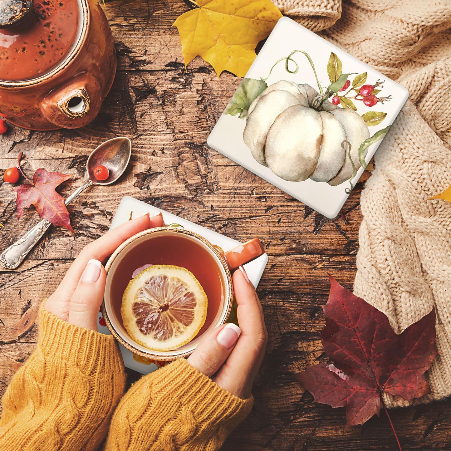 Whaline Fall Thanksgiving Coasters Watercolor Pumpkin Square Drink Coaster Autumn Harvest Absorbent Ceramic Cup Mat for Mugs Cups Home Kitchen Office Party Supplies, 4Pcs
