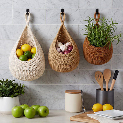 LemonRoad Boho Decor Hanging Wall Fruit Baskets for Kitchen 9 Pack Woven Teardrop Produce Baskets with 9 Pcs Strong Hooks 3 Sizes Hanging Storage Vegetable Potato Onion for Home, White, Linen, Jute