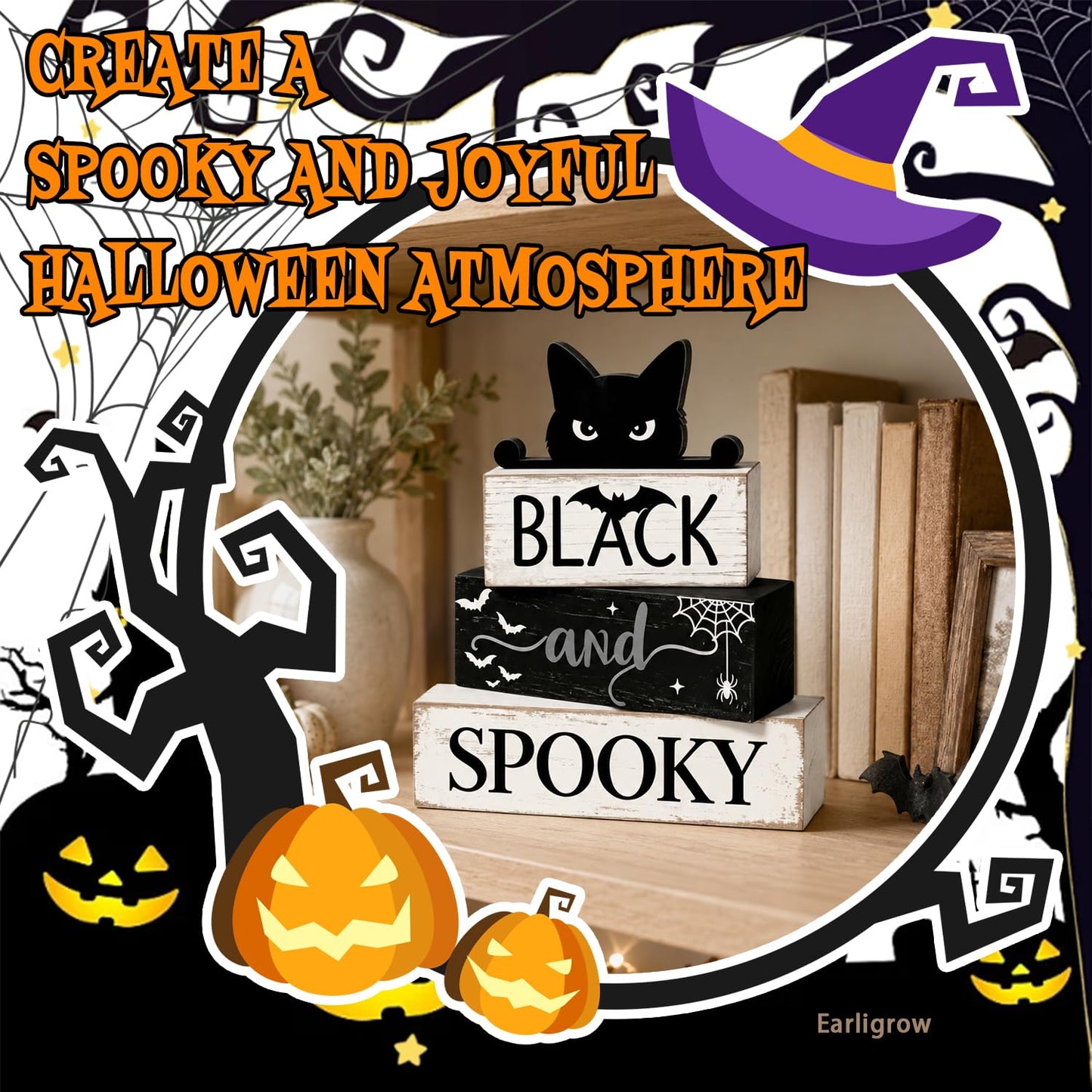 4 Pcs Halloween Table Decorations Black Cat Wooden Block Signs Black and Spooky Rustic Tiered Tray Decor Farmhouse Halloween Centerpiece with Bat & Spider Web for Home Kitchen Shelf Office Mantel Party Favors
