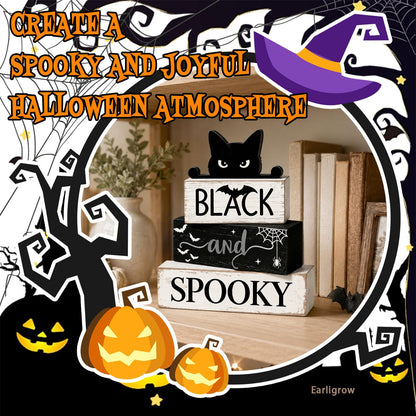 4 Pcs Halloween Table Decorations Black Cat Wooden Block Signs Black and Spooky Rustic Tiered Tray Decor Farmhouse Halloween Centerpiece with Bat & Spider Web for Home Kitchen Shelf Office Mantel Party Favors