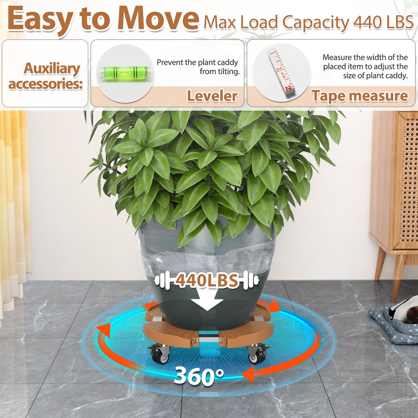 VANCASTLE Plant Caddy with Lockable Wheels Heavy Duty 450lbs Capacity, 15-22 Inch Adjustable Plant Stand with Wheels Rolling base, Plant Dolly for Flower Pot Mover Indoor Outdoor, Khaki, 2 Pack