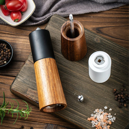 GCFTIFF Wooden Salt and Pepper Grinder Set,Crafted of Solid Acacia Wood with Ceramic Steel Core,Adjust for Customized Coarseness,Pepper Mill with Wooden Stand & Spoon(2pcs white + black,6 inches)
