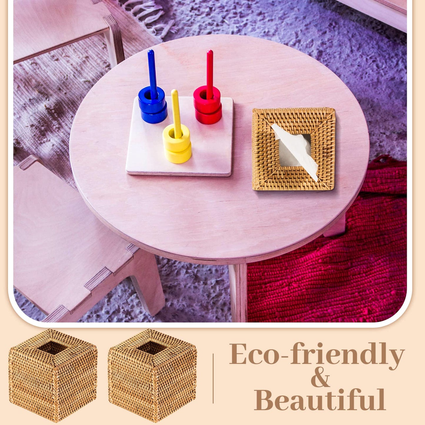 Kigley 2 Pcs Square Rattan Tissue Box Cover Boho Wicker Tissue Cube Box Cover 5.5'' x 5.5'' x 5.5'' Decorative Natural Wicker Hand Woven Napkin Box Holder Bathroom Office Car Accessories (Wood)