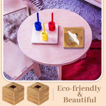 Kigley 2 Pcs Square Rattan Tissue Box Cover Boho Wicker Tissue Cube Box Cover 5.5'' x 5.5'' x 5.5'' Decorative Natural Wicker Hand Woven Napkin Box Holder Bathroom Office Car Accessories (Wood)