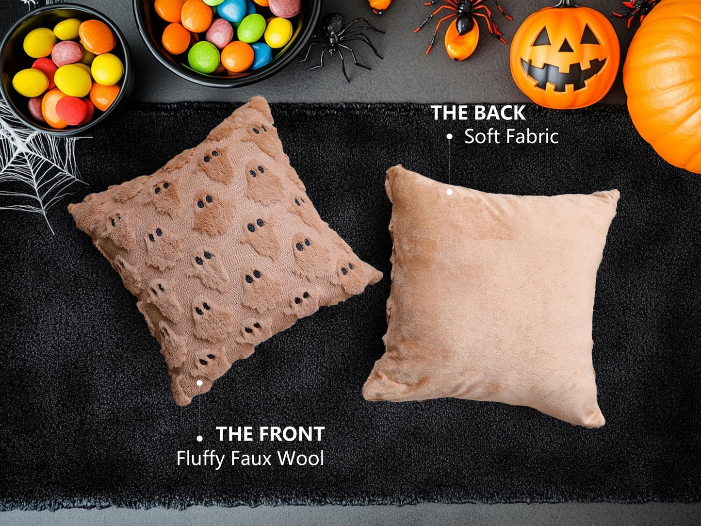 4TH Emotion Halloween Ghost Decorative Pillow Covers 16x16 Set of 2, Light Brown Soft Plush Faux Fur Farmhouse Throw Cushion Cases for Fall Autumn Holiday Home Decorations