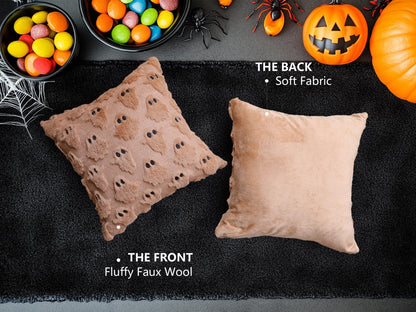 4TH Emotion Halloween Ghost Decorative Pillow Covers 16x16 Set of 2, Light Brown Soft Plush Faux Fur Farmhouse Throw Cushion Cases for Fall Autumn Holiday Home Decorations