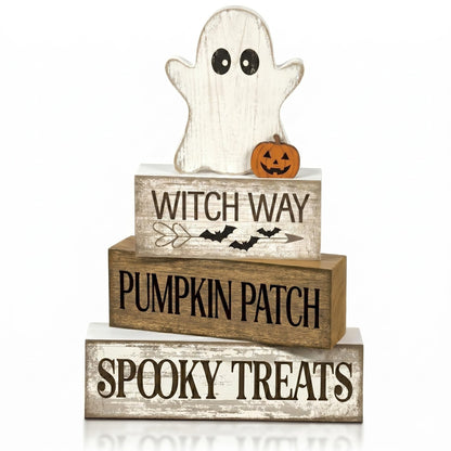 4 Pcs Halloween Table Decorations Wooden Ghost Tiered Tray Decor Farmhouse Rustic Block Signs Cute Pumpkin Tabletop Centerpiece for Home Office Mantel Kitchen Shelf