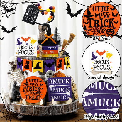 Wonderjune 19 Pcs Halloween Hocus Pocus Tiered Tray Decor Coffee to Focus Witch Table Decor with Wooden Signs Bead Garland Farmhouse Rustic Halloween Decorations for Home Table Party Supplies