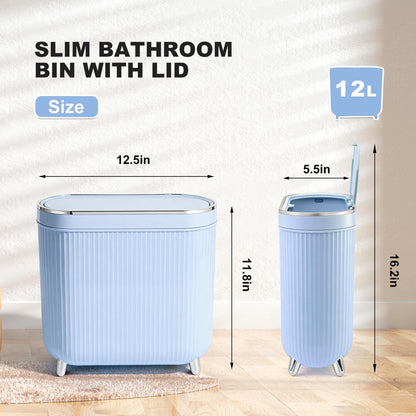 Supteron Bathroom Trash Can with Lid 3.1 Gallon Narrow Trash Can Small Plastic Trash Bin 12 Liter Rectangular Plastic Garbage Can with Press Type Lid for Bedroom Bathroom