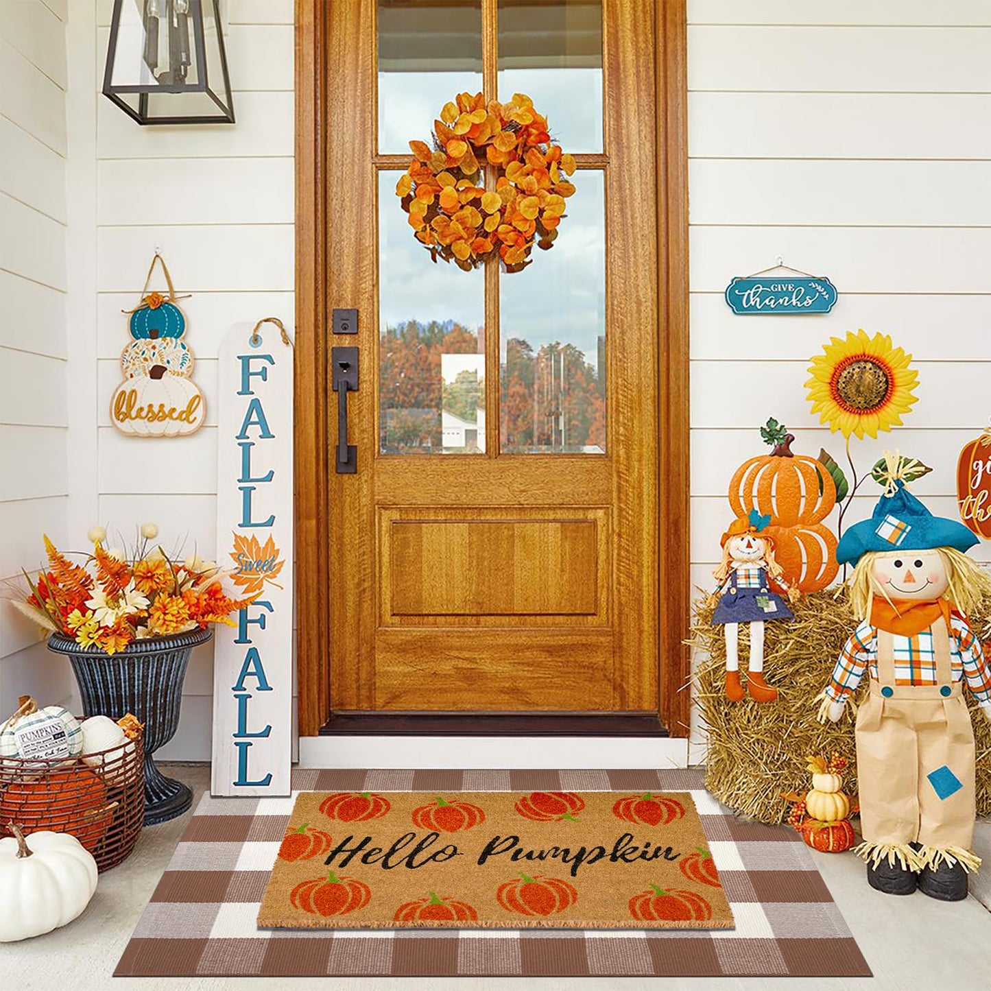 Fall Decor Door Mat Combo Set, Hello Pumpkin Coco Coir Welcome Doormat + 28" x 43" Mocha and White Plaid Rug, Autumn Thanksgiving Front Porch Entryway Decor Floor Mats