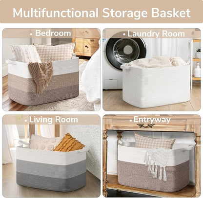 Goodpick 85L Large Woven Basket 23.6" x 15.7" x 13.8" Cotton Rope Storage Organizer for Blankets Dirty Clothes, Rectangle Toy Storage Basket for Nursery Home Decor, Brown