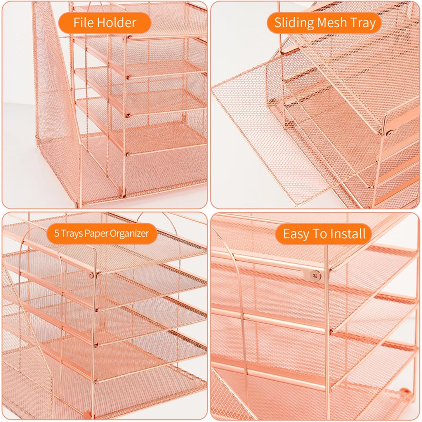 LEKETREE Desk Organizers and Accessories, 5-Tier Paper Letter Tray Organizer with File Holder, Desktop Organizer for Office Supplies (Rose Gold)