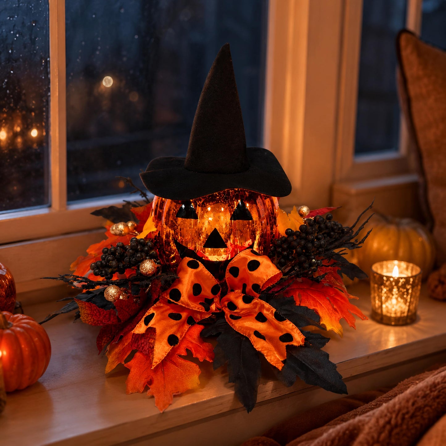Svndlyn 15 Inch Lighted Halloween Pumpkin Decor with Witch Hat and Bow