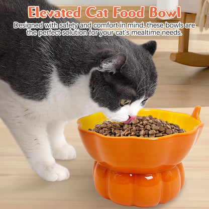 Hamiledyi Ceramic Raised Cat Bowl Tilted 15° Elevated Cat Bowl for Food or Water Anti Vomiting and Whisker Fatigue Cute Pumpkin Shaped Pet Feeder Bowl for Indoor Cats Kitten and Dogs (Orange Pumpkin)