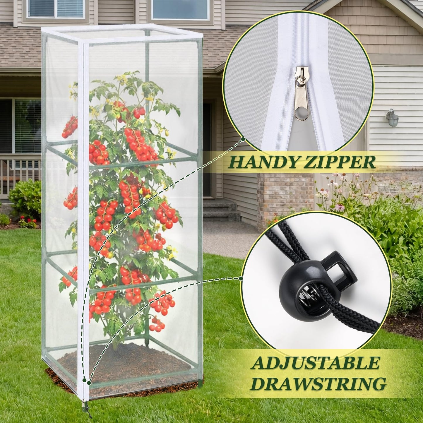 ComfyKit 3PCS Garden Bird Netting Plant Covers for Square Tomato Cage, 59" x 17.7" Reusable Tomato Cage Net with Zipper & Drawstring, Insect & Bird Barrier for Tomatoes, Fruits & Climbing Vines