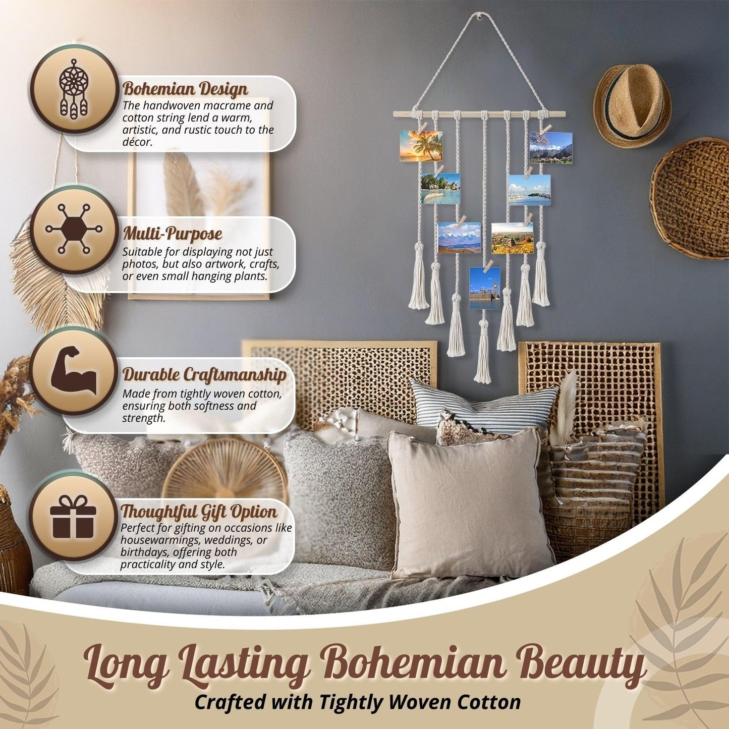 Flexzion Macrame Hanging Photo Display Wall Decor - Handwoven Boho Picture Collage Decor Hanger with 25 Wooden Clips & Cotton String Holder Organizer for Bedroom, Living Room, Home, Dorm, Gift