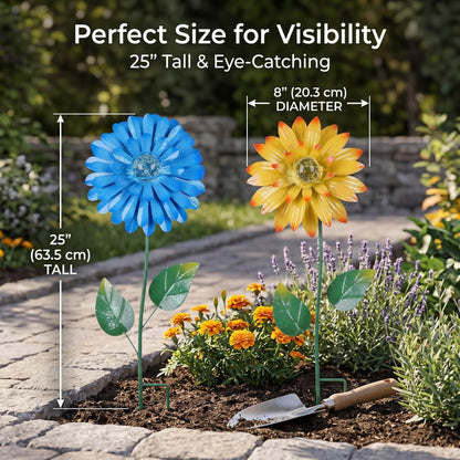 Topadorn Set of 2 Glow-in-the-Dark Flower Garden Stakes, 25" Metal Plant Picks with Shaking Heads, Weatherproof Yard Pathway Decor