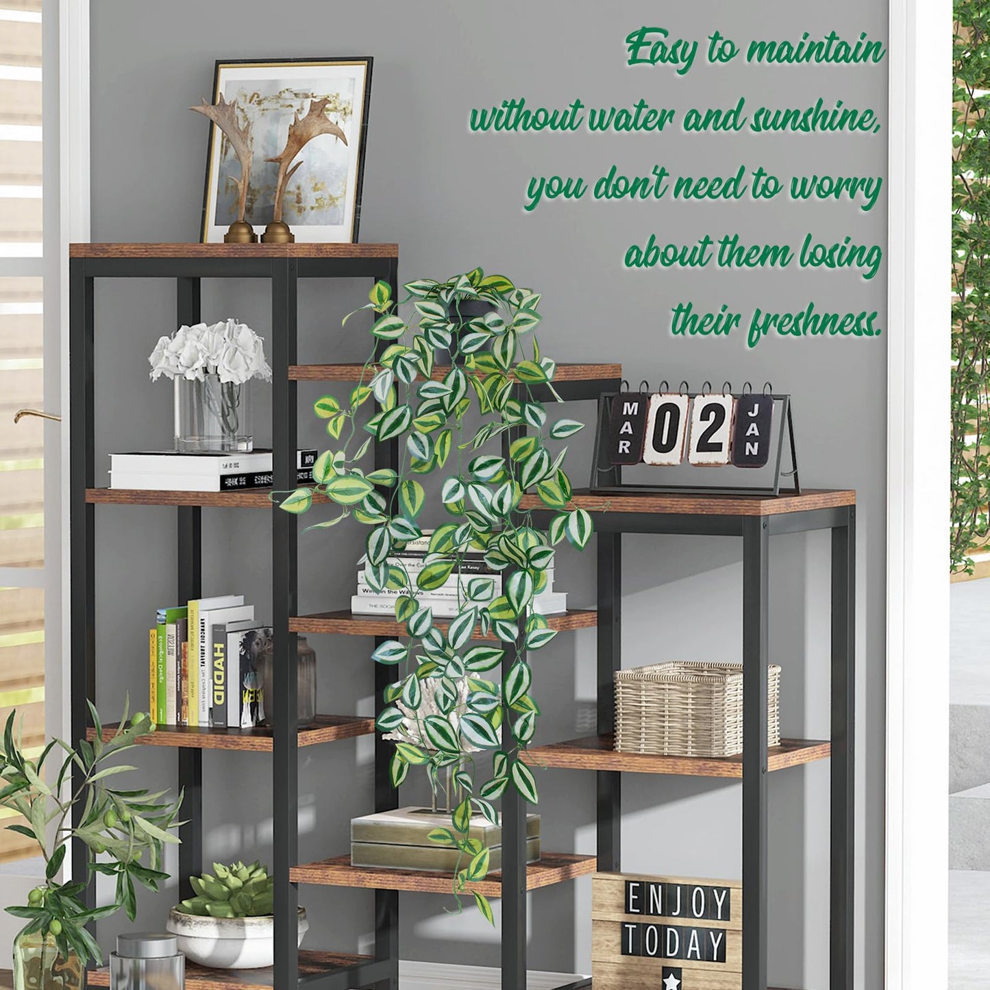 LOYWREE 2 Pack Fake Hanging Plants - Small Potted Plants with Green Eyebrow-Leaf Trailing Vines, Indoor Outdoor Aesthetic Decor for Office, Living Room Shelf & Home Accent (Black Pot)