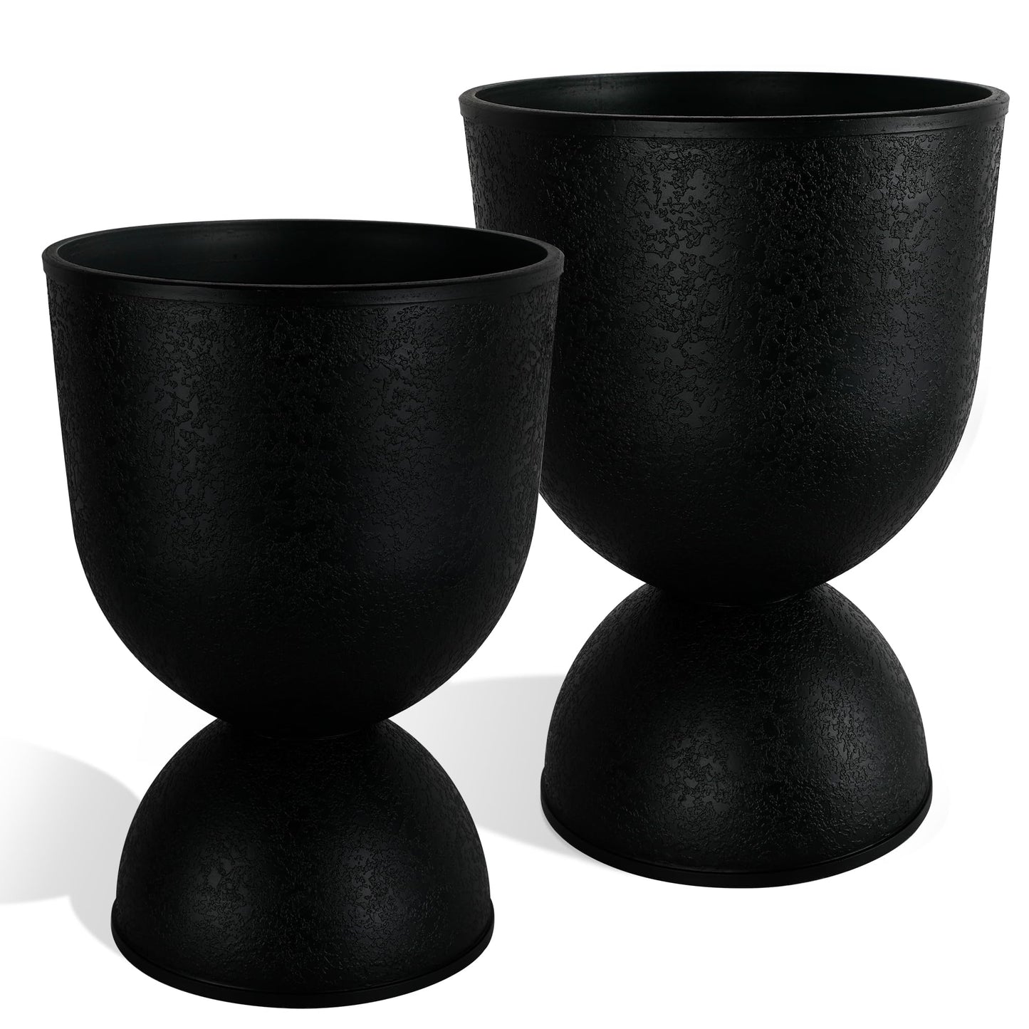KOL Planters Flower Pots, Large Plastic Urn Planters for Indoor Outdoor Plants, Black Pedestal Planter 2 Pack, 18 Inch+23 Inch, Tall Decorative Planters with Drainage Holes & Plugs for Porch Garden