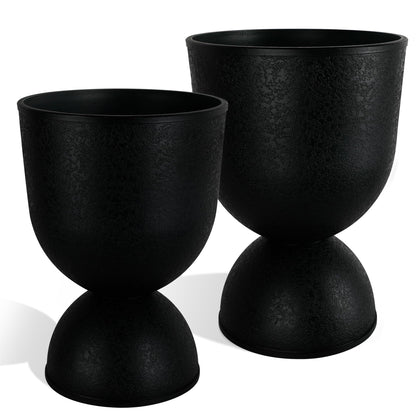 KOL Planters Flower Pots, Large Plastic Urn Planters for Indoor Outdoor Plants, Black Pedestal Planter 2 Pack, 18 Inch+23 Inch, Tall Decorative Planters with Drainage Holes & Plugs for Porch Garden