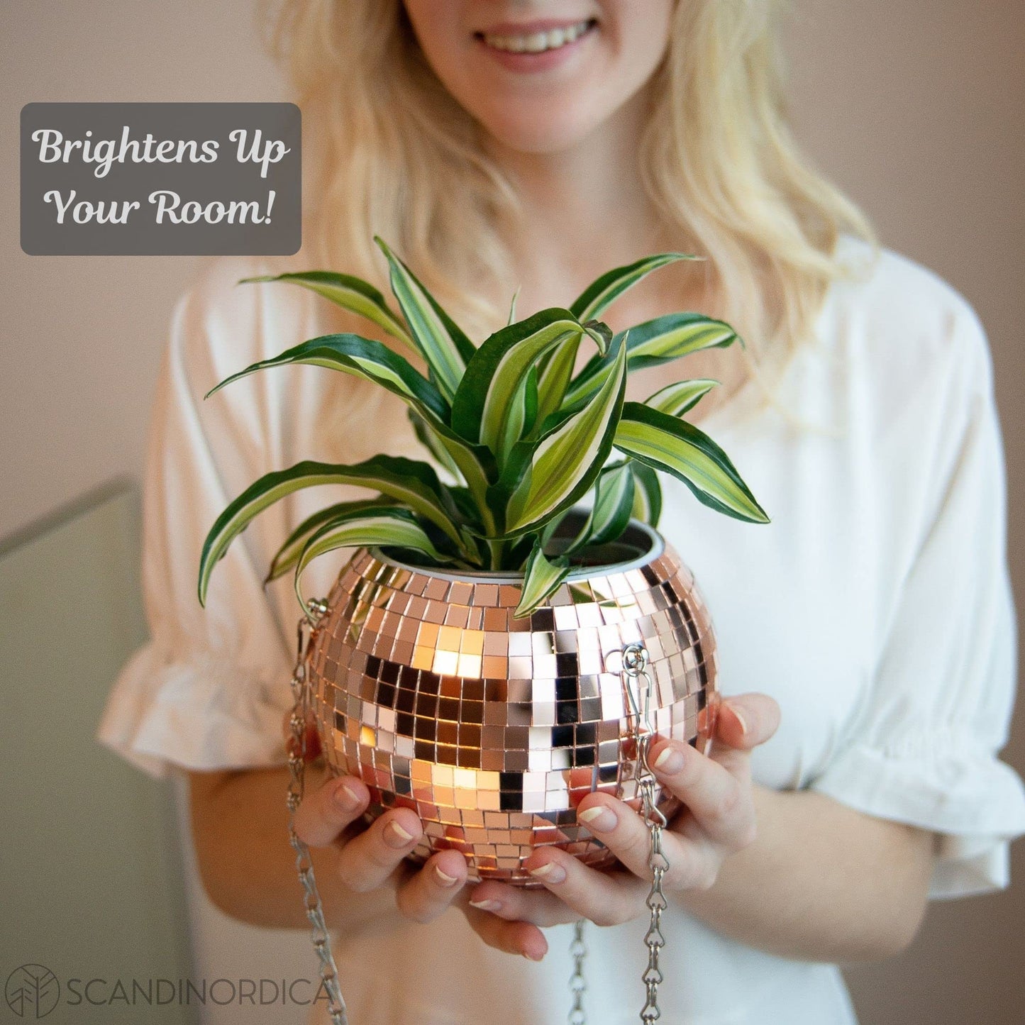 SCANDINORDICA Disco Ball Planter 6" Rose Gold with Chain and Macrame Hanger and Disco Ball Planter Pot 4.3" with Saucer (0.2x0.2 mirror tiles)