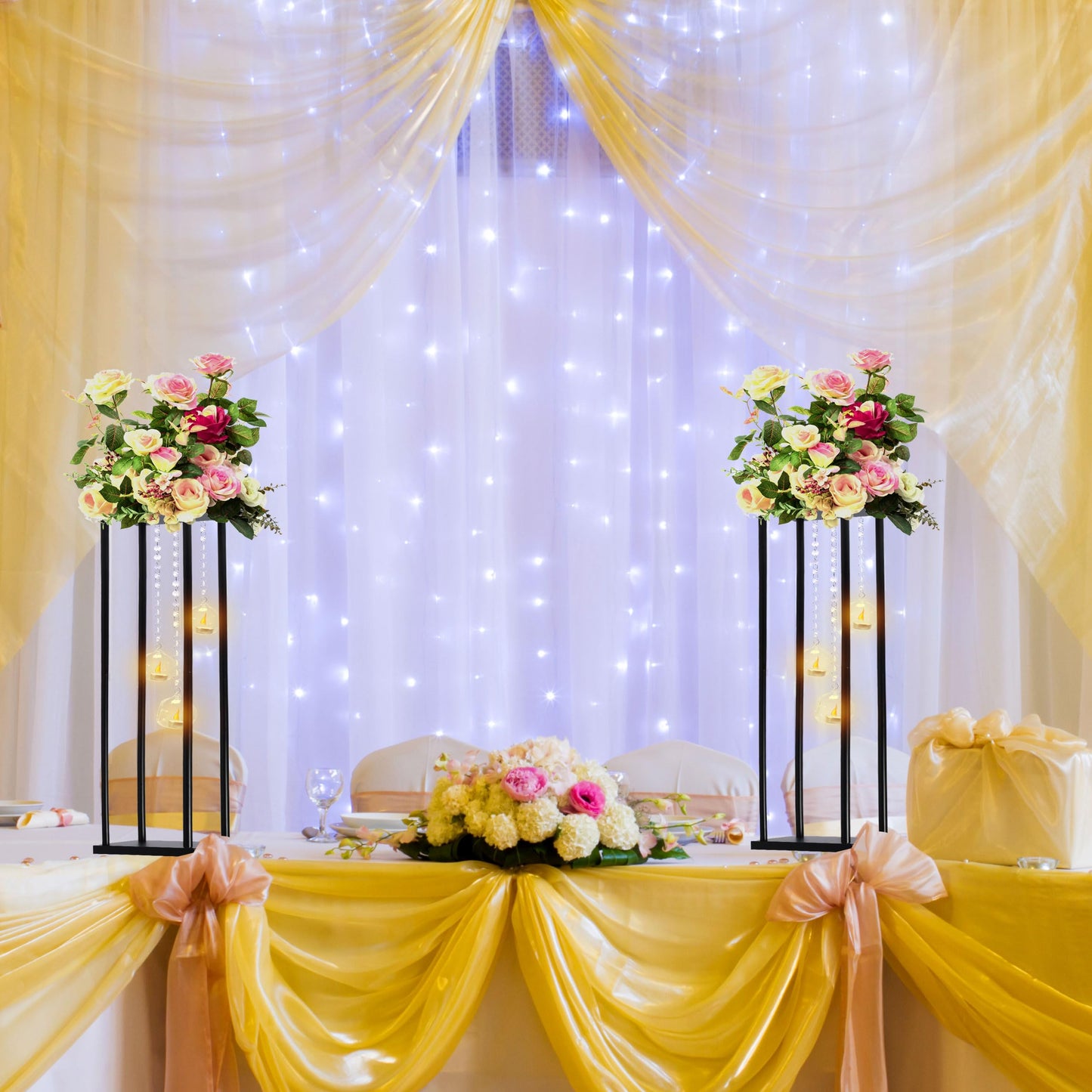 Rectangular Metal Wedding Flower Stand Vase with Hanging Glass Globe Terrarium Tealight Candle Holder, Multifunctional Geometric Column Frame Centerpiece (Black, 2 Pcs 25.2'')