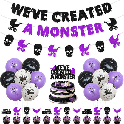 Fangleland Halloween Monster Baby Shower Decorations, Black Purle We've Created a Monster Banner Garland Cake Cupcake Toppers Balloons, Gothic Gender Reveal Pregnancy Announcement Party Supplies