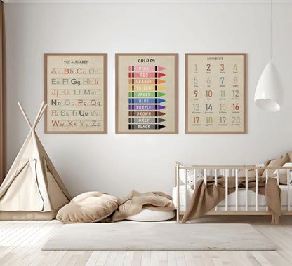 3Pcs Nursery Educational Wall Art Preschool Education Letter Number Poster Painting Pictures Wall Decor Canvas Prints artwork for Classroom Baby Boy's Baby Girl's Room Home Decoration Unframed