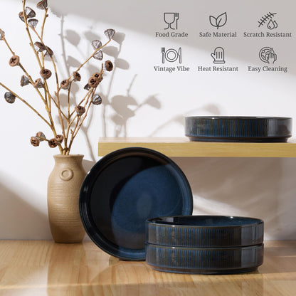 E-far Pasta Bowls Set of 4, 35oz Large Salad Bowl Plate for Dinner Serving, Wide & Shallow Ceramic Stoneware Pasta Plates, Microwave & Dishwasher Safe, Reactive Glaze Textured Stripes, Dark Blue