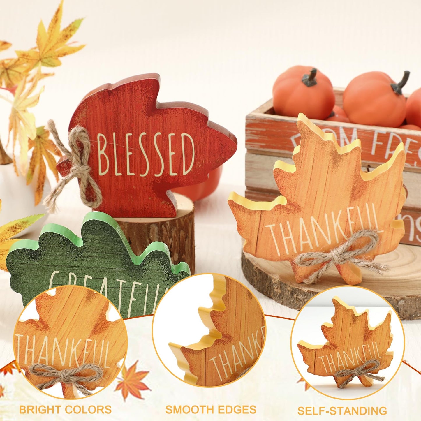 FYSUIMU 3 Pcs Fall Leaves Wood Table Sign Maple Leaf Thankful Tiered Tray Decor Thanksgiving Table Centerpieces Blessed Grateful Wooden Blocks for Autumn Home School Office Desk Decor