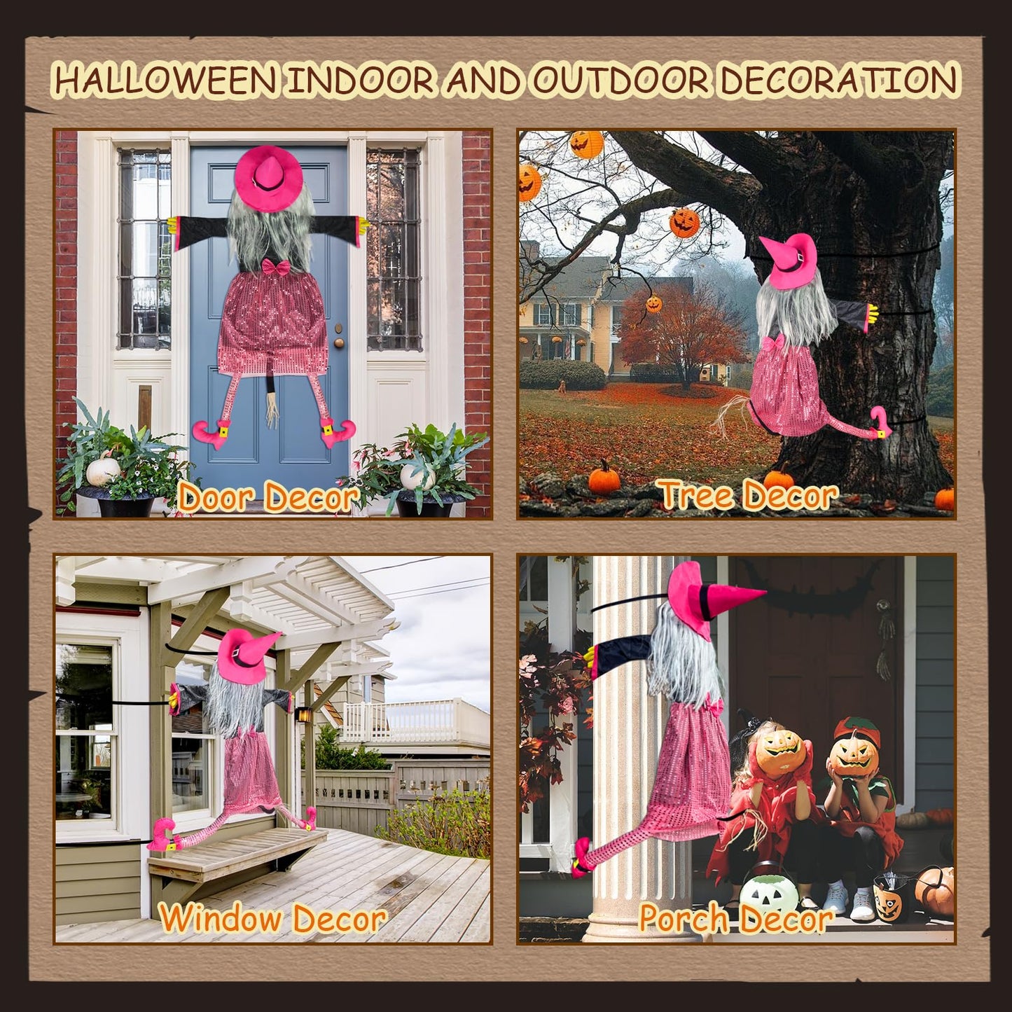 Mewcooss 67" Large Crashing Witch Halloween Decor - Pink Witch Halloween Decor Crashing into Tree Props Halloweens Flying Witches Decoration with Broom for Outdoor Backyard Garden & Lawn
