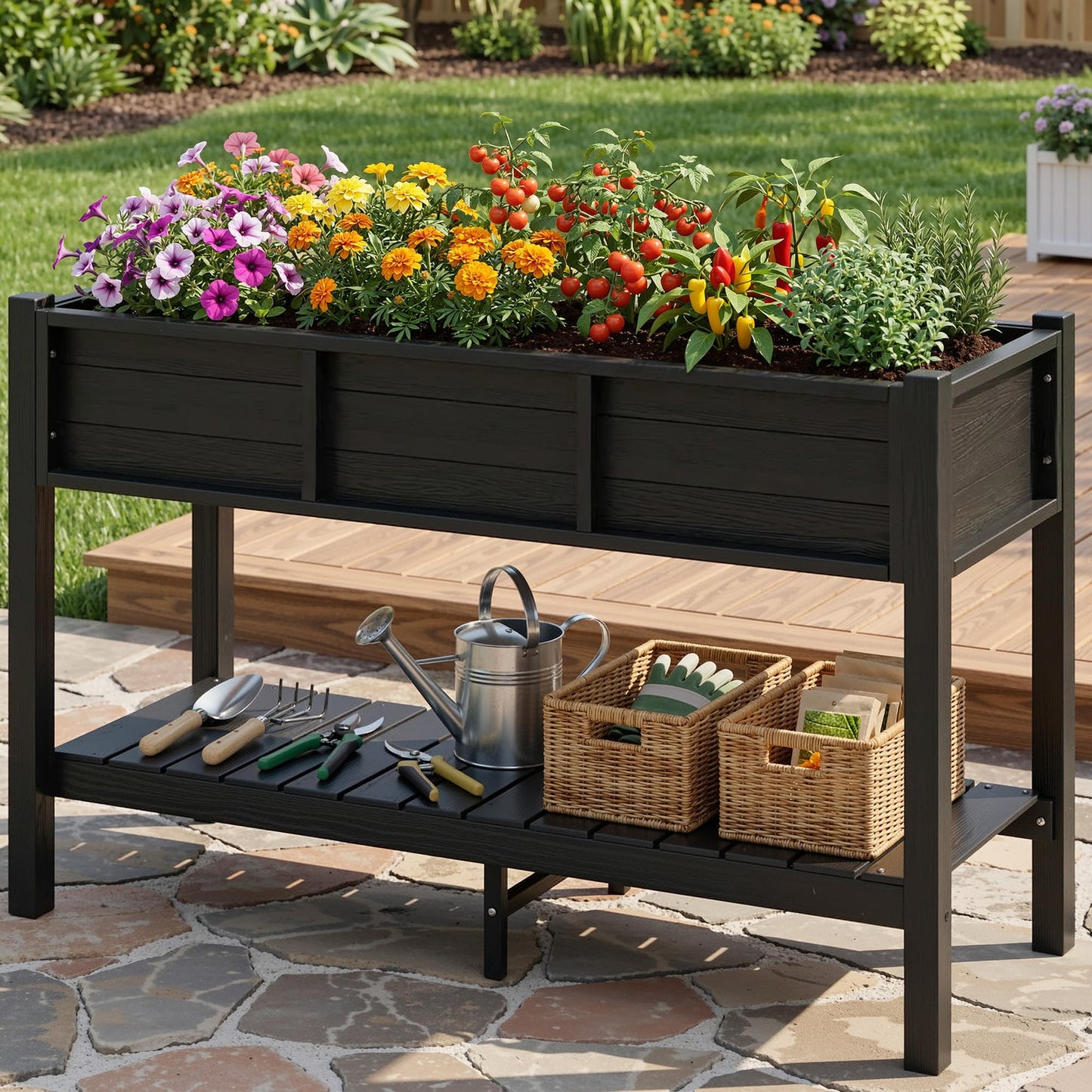 DWVO 48x18x30in Raised Garden Bed Kit, HDPE Planter Box Stand, Poly Wood Weather-Resistant Planter Box with Legs & Storage Shelf, Elevated Garden Bed for Backyard, Patio, Balcony,Black