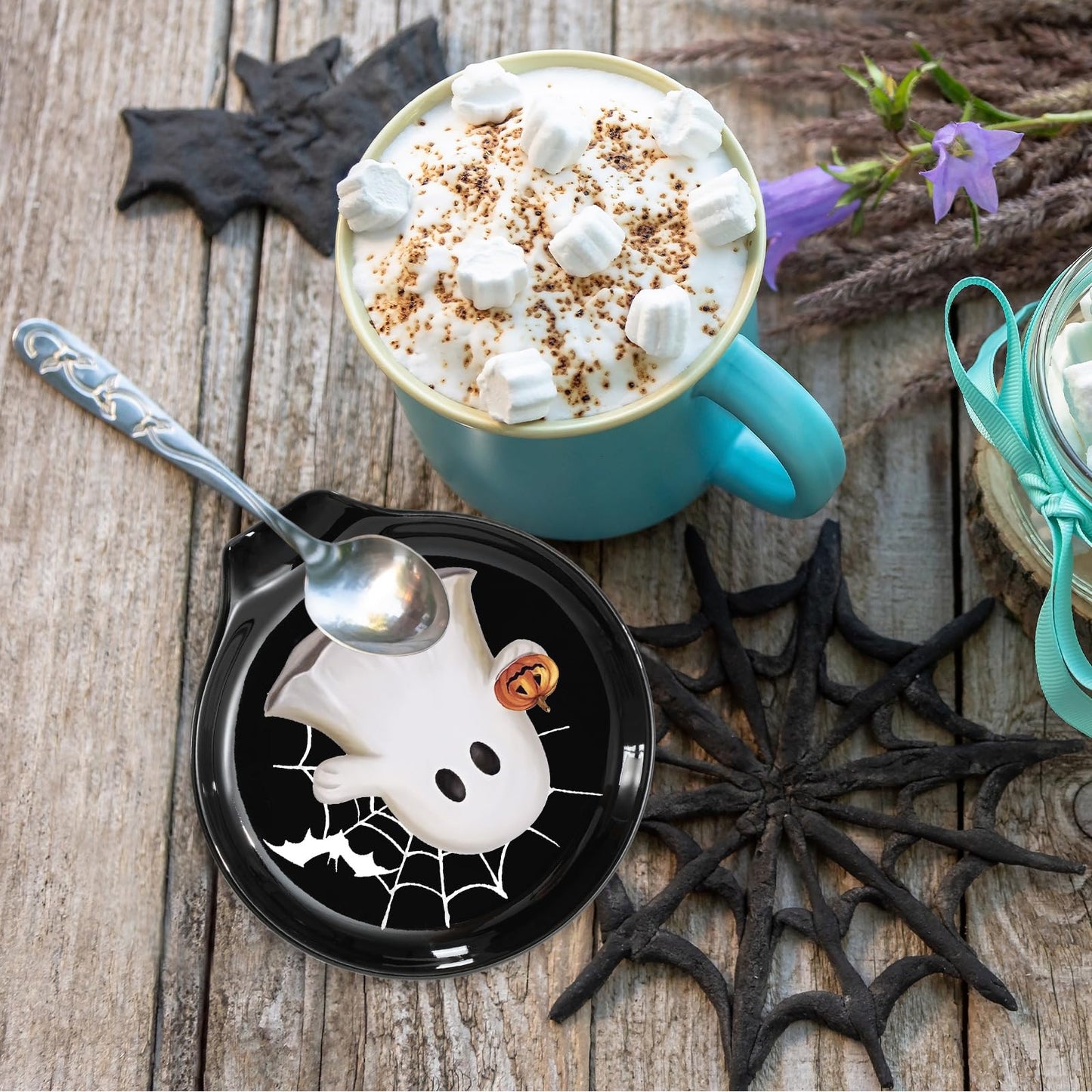 JarThenaAMCS 2Pcs 4.7inch Halloween Spoon Rest Black White Orange Ghost Pumpkin Small Coffee Spoon Holder for Halloween Bar Coffee Station Accessories