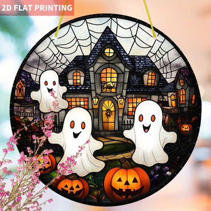 7.9inch Cute Halloween Suncatcher for Window Hanging,Ghost Pumpkin Castle Acrylic Suncatcher with Chain Halloween Window Decor for Home, Garden, Housewarming Round Ornament, Gift for Women Friend