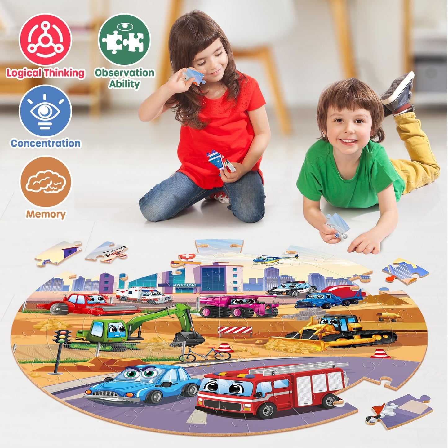 SYNARRY Vehicle Floor Puzzle for Kids Ages 3-5, Large 70 Piece Puzzle for Kids Ages 4-6, Preschool Toys Gifts for 3 4 5 6 7 8 Years Old Boys Girls Children, Easter Basket Stuffers for Boys Girls